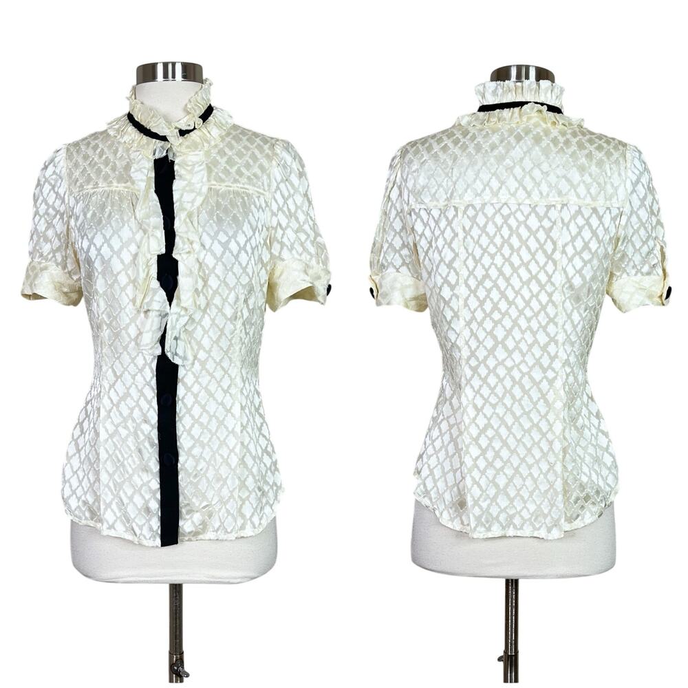 DVF | Kailey Ivory White Silk Ruffle Short Puff Sleeve Black Contrast Button Top